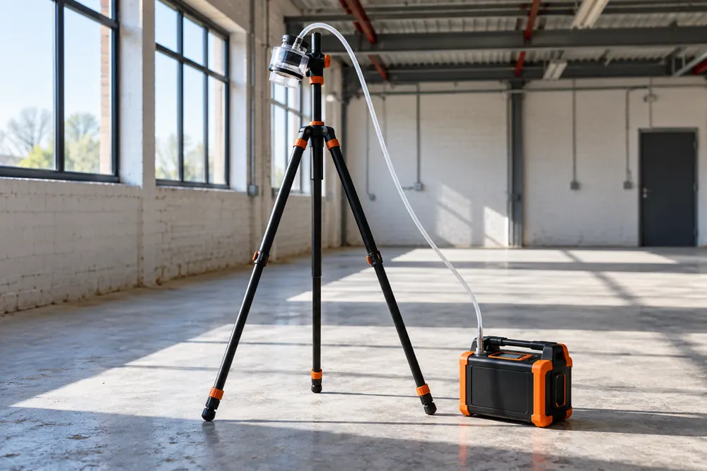 Air sampling head on a tripod connected to a portable sampling pump