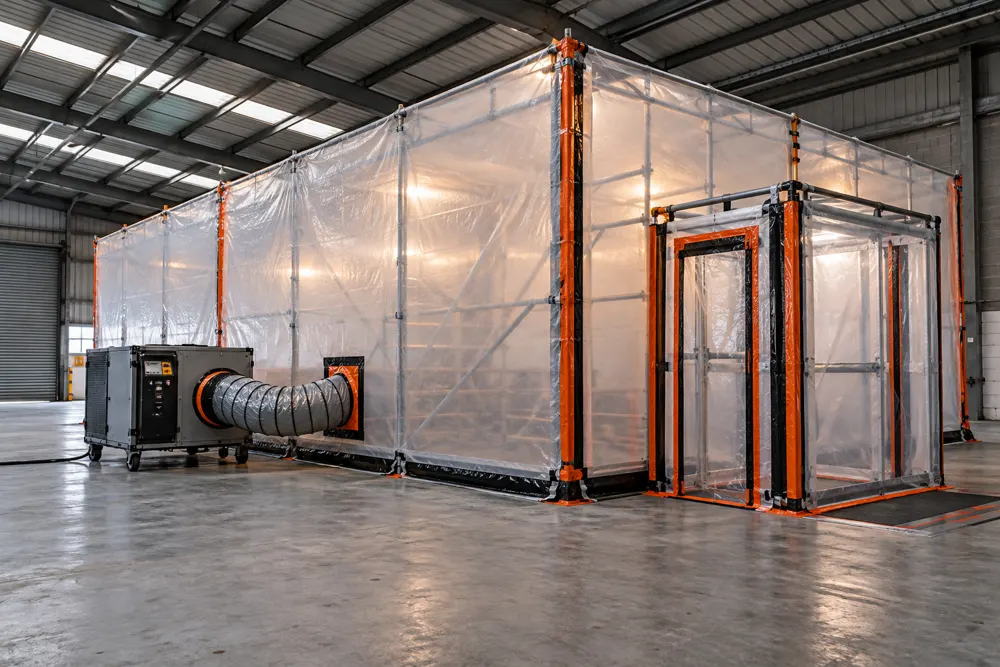Sealed work enclosure and extraction equipment inside an empty industrial unit