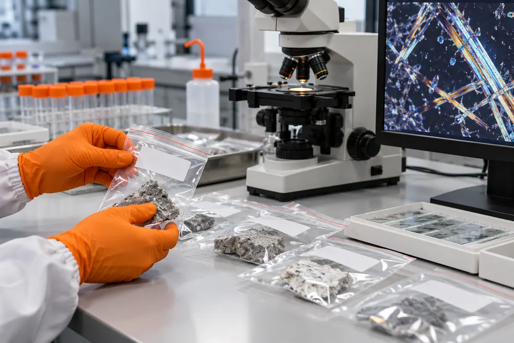 Contained laboratory specimens beside a polarised light microscope