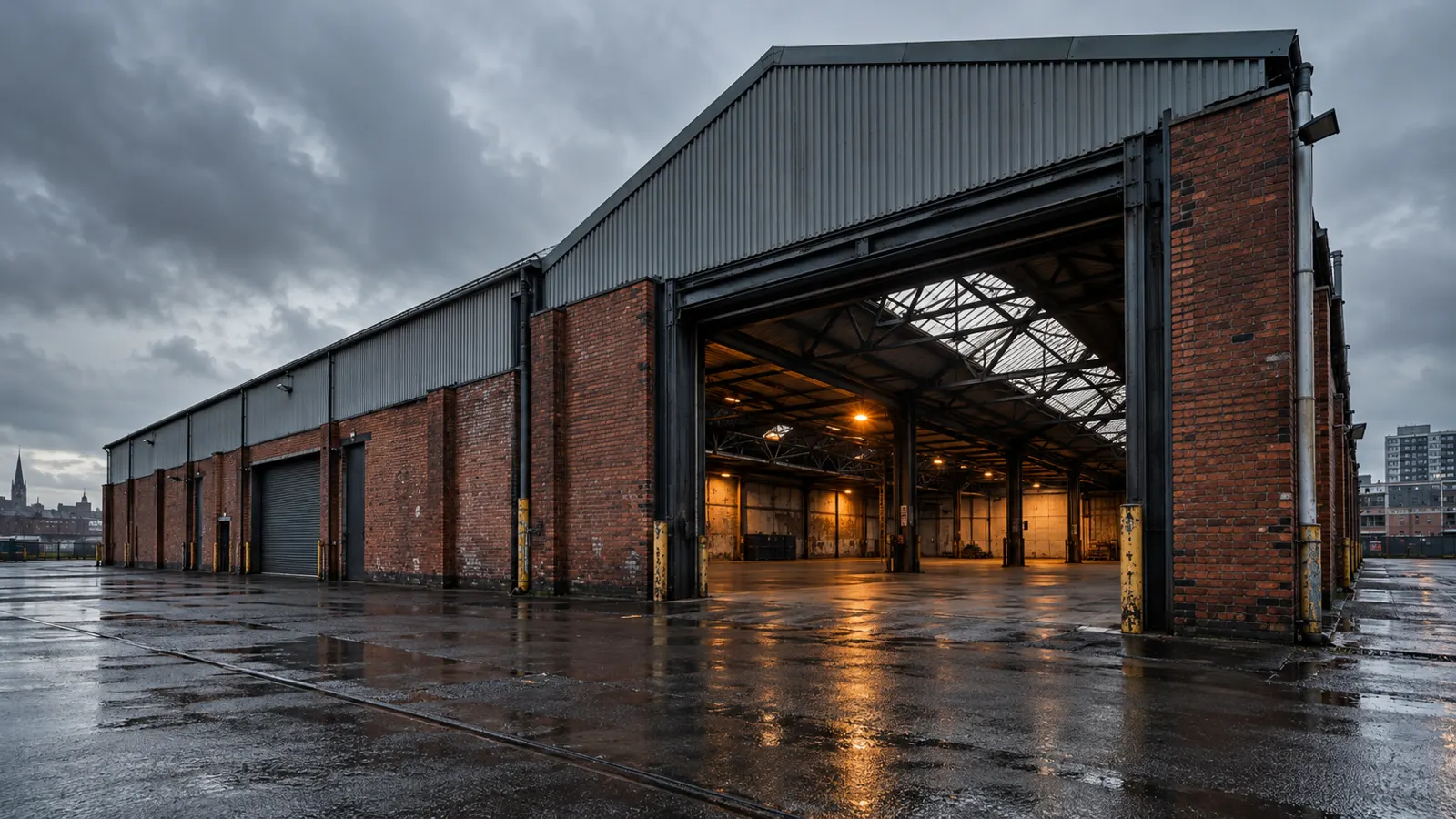 Red brick industrial warehouse with a steel roof and open loading bay in Glasgow